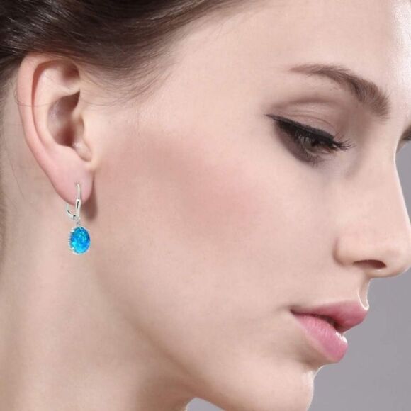 925 Sterling Silver with 1.12 Cttw Blue Opal Oval Leverback Hook Earrings - Picture 3 of 4